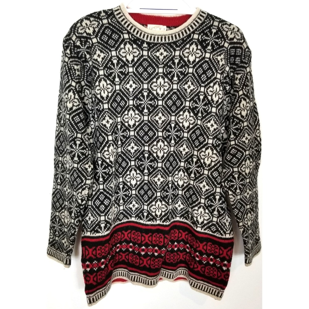 VTG J.Crew Women's 100% Wool Nordic Tunic Sweater‎ Sweater Sz M Black White Boho